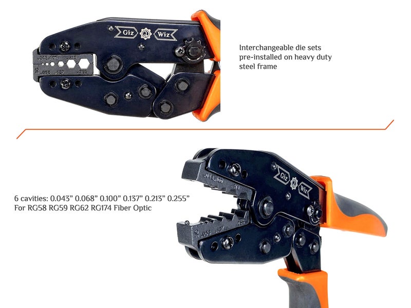 GIZWIZ RF Coax Ratchet Crimp Tool RG58 RG59 RG62 RG174 Fiber Optic .043" .068" .100" .137" .213" .255" G-H3G - Image 2
